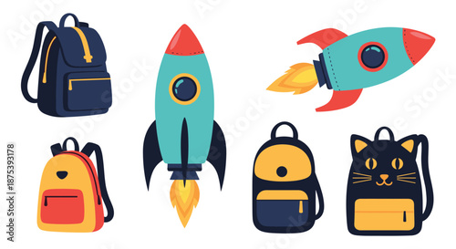 A collection of colorful school backpacks and space rockets illustrated in a flat, cartoon style on a white background.
