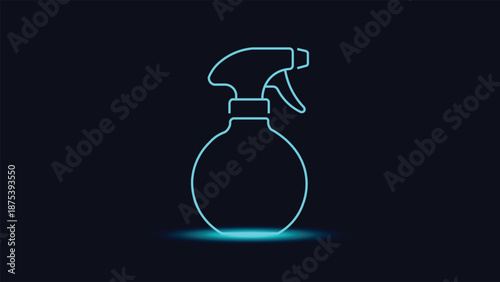 Abstract neon spray bottle illustration glowing cyan on dark background ideal for cleaning hygiene home care modern product concept and futuristic minimal design visuals branding