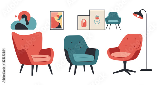 Collection of modern and mid-century style armchairs, abstract wall art, and a floor lamp for contemporary interior design.