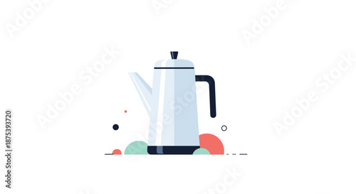 Modern flat design illustration of a light blue coffee percolator, accented by colorful abstract shapes and dots on a white background.