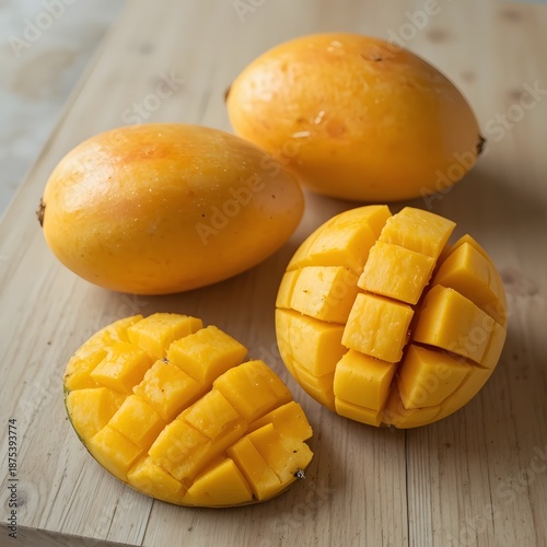 Delicious ripe yellow mangoes, some whole and some beautifully cut for a refreshing treat. ataulfo mango
