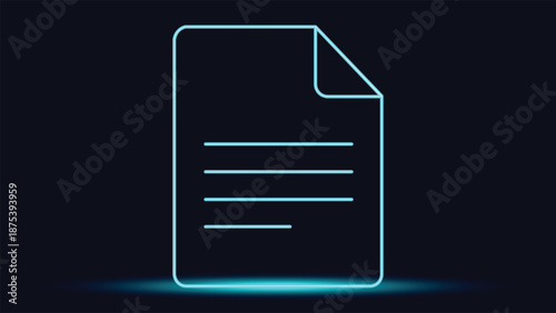 Abstract neon document illustration glowing cyan on dark background ideal for digital files data records information technology business and modern minimal design visuals