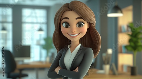 Smiling 3D animated businesswoman in a suit with arms crossed, standing confidently in a modern office, depicting professional service.
