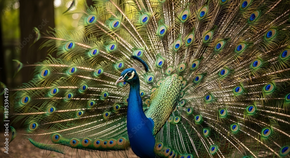 Fototapeta premium Magnificent male peacock displaying vibrant train feathers with intricate eye spots during a courtship ritual in the dappled sunlight