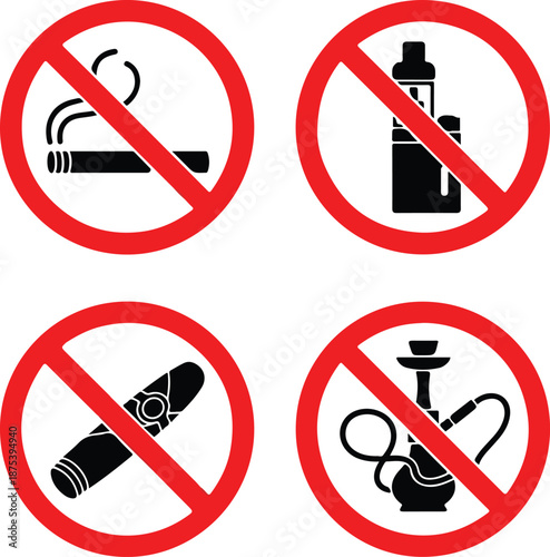 Smoking and vaping prohibition icon set showing banned cigarette e-cigarette cigar and hookah symbols inside red forbidden circles public health warning