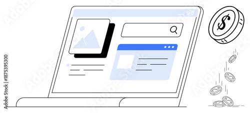 Digital marketing, online business, revenue generation, internet advertising, e-commerce, financial growth. Laptop screen webpage layout alongside coins falling. Digital marketing and online business