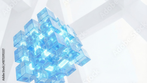 Abstract Cubic Structure Interconnected Blue Glass Cubes with Glowing White Light Design
