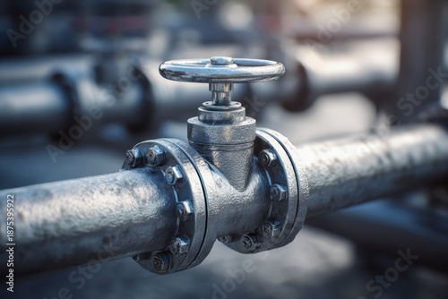 Industrial metal valve and pipeline with bolts used for controlling fluid flow in an outdoor mechanical or chemical processing facility environment