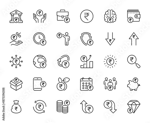Indian rupee icon set. Currency, money, finance, savings, cash, financial network, bank, money bag, growth, piggy bank, value, wallet, profit icons. Vector illustration. Isolated on a white background