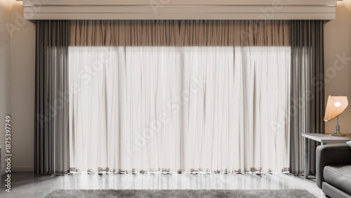 Slika na platnu Modern minimalist living room interior with floor-to-ceiling window, sheer white curtains and dark side drapes