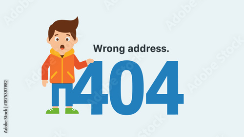 404 Error Page Not Found Concept. Shocked Boy Character and Wrong Address Text. Website HTTP Failure Illustration.
