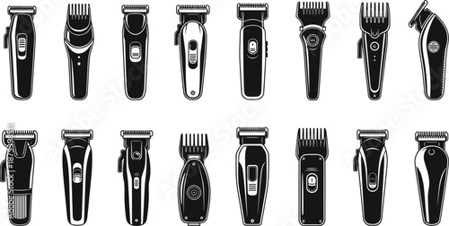 Electric hair clippers, professional grooming trimmers, barber tools, modern haircut machines, vector illustration set, beauty salon equipment, men’s styling accessories, isolated icons