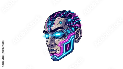 Futuristic Cyborg Head with Neon Accents on White Background.