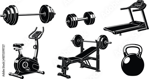 Gym equipment vector illustration, barbell, dumbbells, treadmill, exercise bike, bench press, kettlebell, black and white fitness tools, workout icons, training set