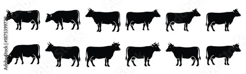 cow silhouette vector icon set, black clipart collection, Animal silhouette icons illustration graphic design