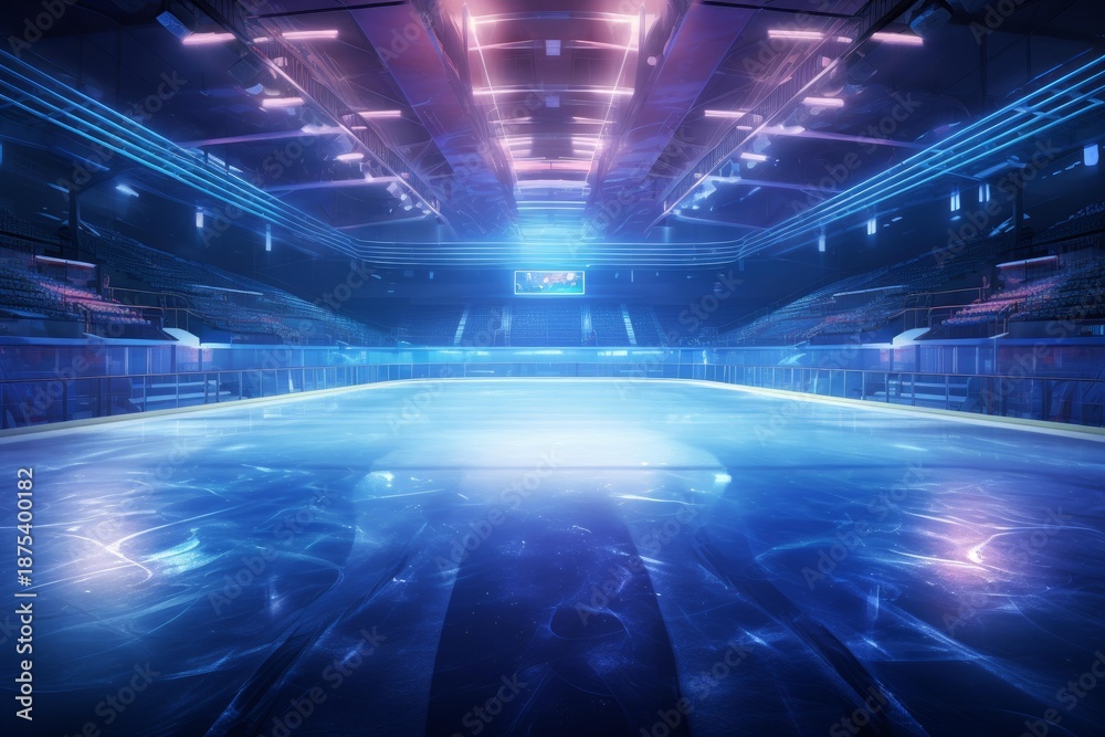 Obraz premium Empty ice hockey stadium glowing with futuristic blue and purple neon lighting