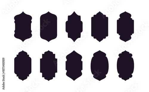 Islamic door and window silhouettes in Arabic arches. Oriental label collection. Frames with Arabic Muslim designs for Ramadan Kareem. Isolated mosque gate shapes.