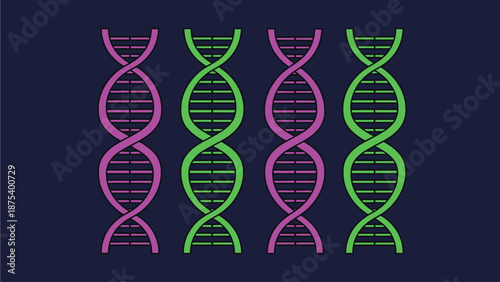 Multiple DNA strands helix structure in vibrant pink and green, representing genetic material and biological research