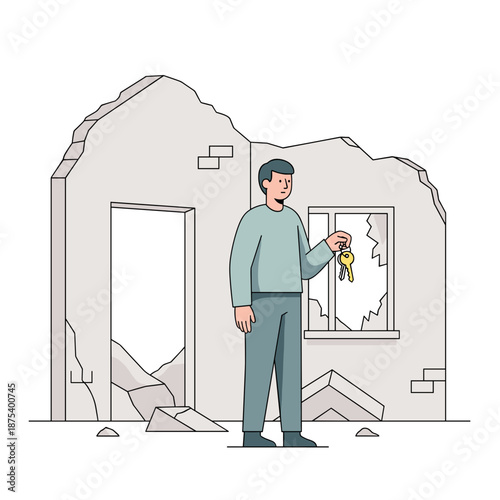 Man holding keys in front of a damaged building structure  