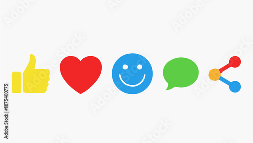 A collection of social media icons including a thumbs up, heart, smiley face, speech bubble, and share symbol on a white background, representing engagement and connection