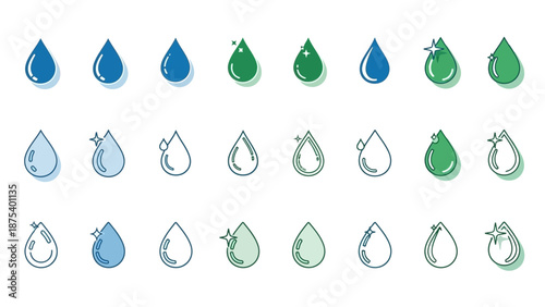Set of water droplet icons in various shades of blue and green with subtle highlights, symbolizing purity and hydration