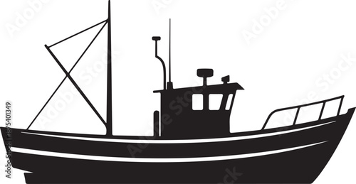 Black silhouette of a small fishing boat on a white background