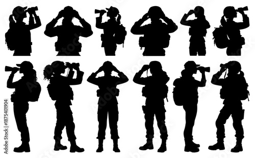 Female Soldier Military Silhouettes with Tactical Gear and Binoculars on Transparent Background