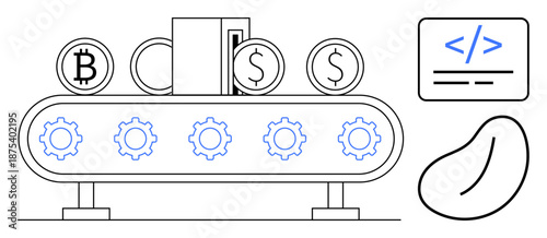 Blockchain, automation, fintech, cryptocurrency mining, software development, digital currency. Conveyor belt with symbols of Bitcoin, dollar code. Blockchain and automation concept