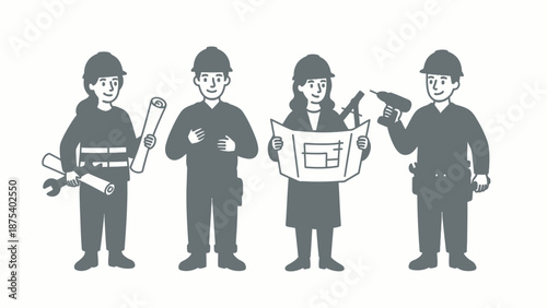 Diverse Construction Team of Builders, Engineers, and Tradespeople. Professional Workers Standing Together.