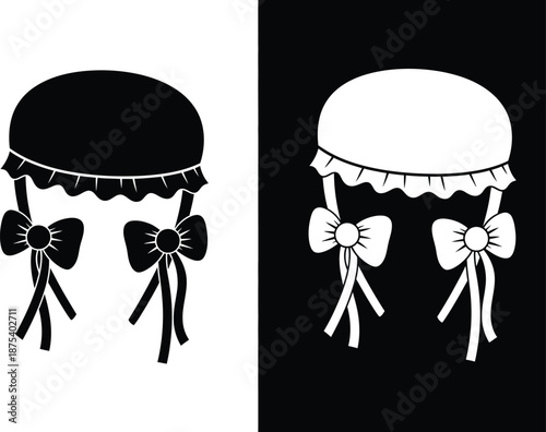 a striking black and white illustration depicts two vintage bonnets each adorned with delicate ribbons and bows showcasing a symmetrical design