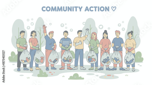 Group of Happy Volunteers Holding Trash Bags After Community Cleanup Action. Diverse Team Working Together on Earth Day. Hand-Drawn Vector Illustration.