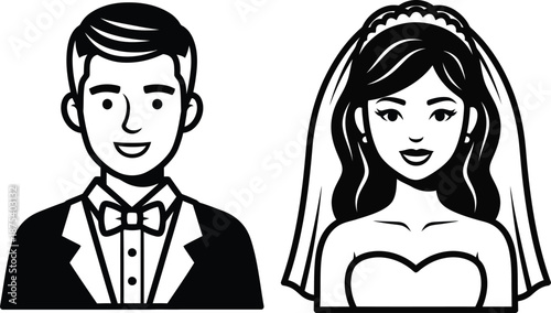 a black and white illustration depicts a newlywed couple the groom in a tuxedo and the bride in a wedding veil