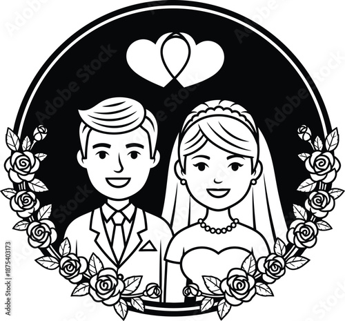 a black and white illustration depicts a newlywed couple framed within a circular wreath of roses symbolizing love and commitment