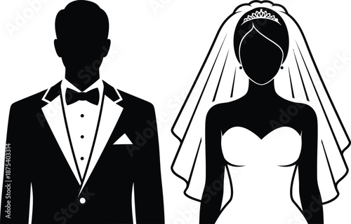A striking black and white silhouette depicts a newlywed couple in formal attire symbolizing love commitment and the joy of marriage