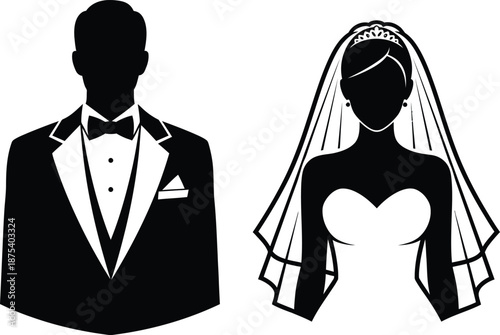 a simple black and white silhouette depicts a bride in a veil and a groom in a tuxedo symbolizing love