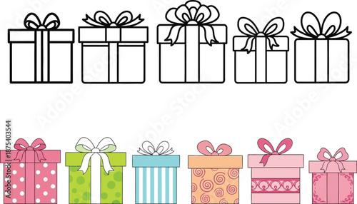 A charming illustration showcases a delightful collection of gift boxes both outlined in black and white and brightly colored suggesting celebration