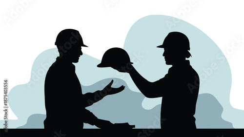 Two construction workers in silhouette discussing a hard hat on a building site