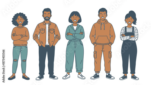 Diverse Team of Young Smiling People in Casual Clothes. Multicultural Group Standing Together. Vector Illustration.