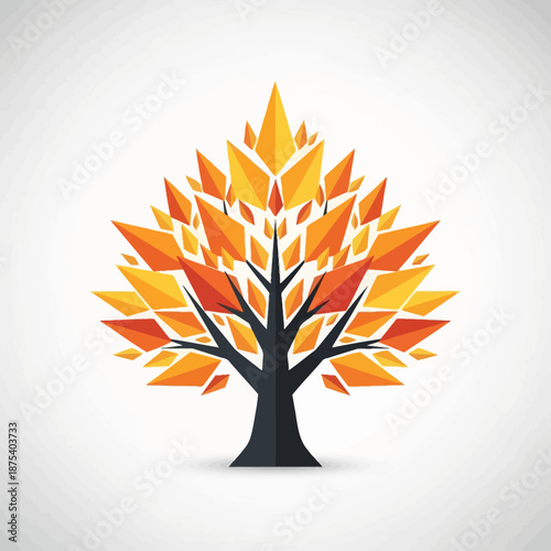 Geometric autumn tree with colorful polygonal leaves, abstract design