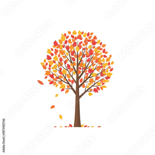 Autumn Tree with Falling Leaves, Vibrant Fall Colors, Isolated on White Background