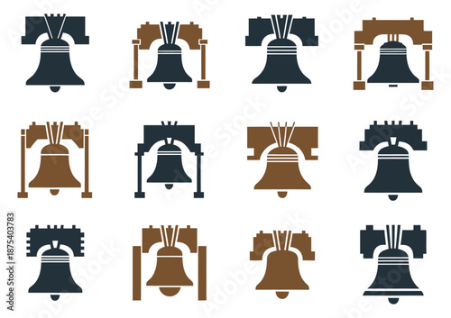 Patriotic Liberty Bell Silhouettes, A Collection of American Icons Featuring National Symbols, Independence, Freedom, Historical Landmark Designs, Vector Illustrations