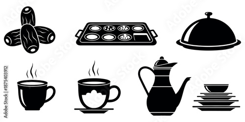 Diverse collection of black silhouette vector icons featuring traditional food items and hot drinks for culinary themes