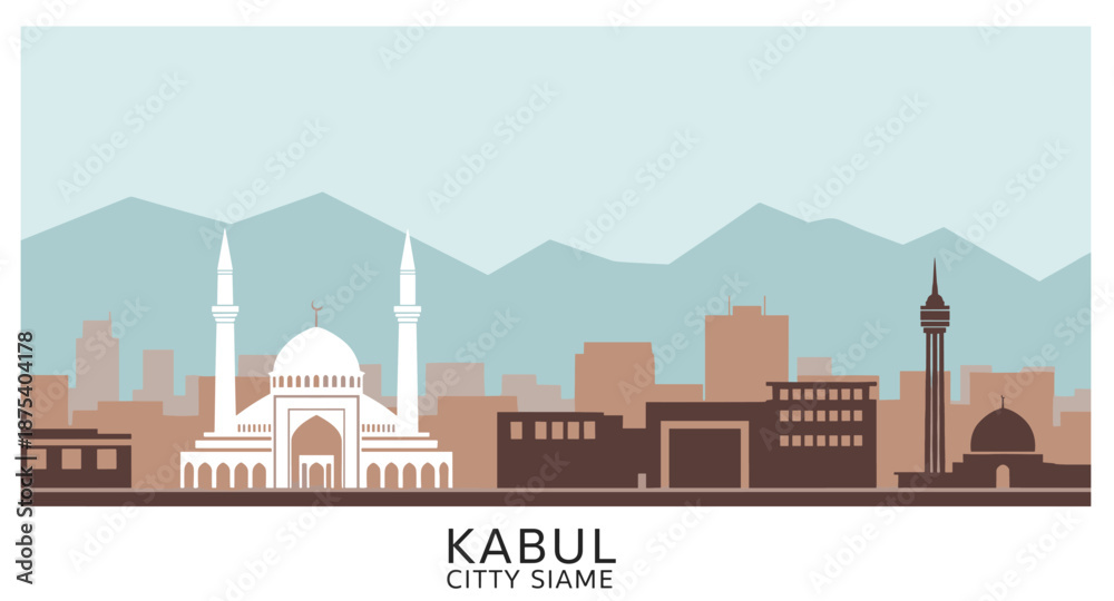 Obraz premium Kabul city skyline silhouette with mountains and iconic landmarks in flat design style