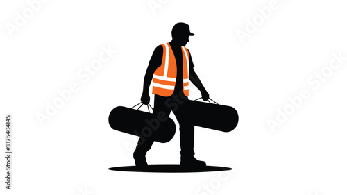 Worker in safety vest carrying equipment rolls