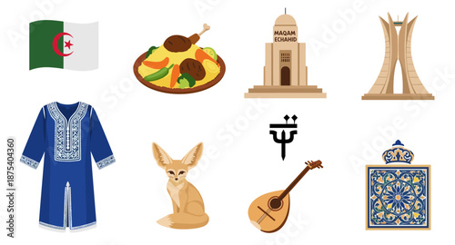 Algerian culture and landmarks collection with flag, traditional clothing, food, and monuments