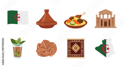 Algerian cultural symbols including flag, food, architecture, and desert rose