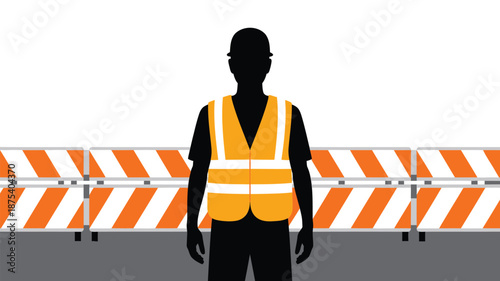Construction worker in safety vest standing by roadblock barrier