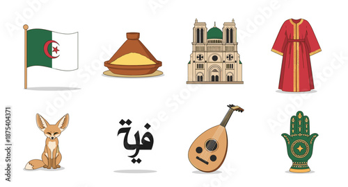 Algerian cultural symbols and landmarks illustrated in a flat design style