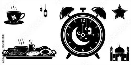 Elegant collection of Islamic Ramadan and Eid alFitr celebration icons featuring food lanterns mosque and a special night clock design