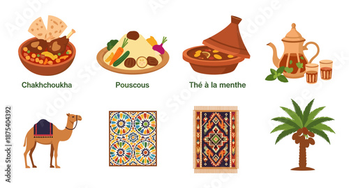 Collection of Moroccan cultural icons including food, camel, and traditional decor